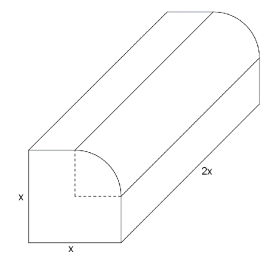 Figuren er "nesten" et rett, firkantet prisme der grunnflata er et kvadrat med sidelengde x, og der høyden er 2x. Men: Det ene "kvartprismet" er fjernet og erstattet med en kvartsylinder.